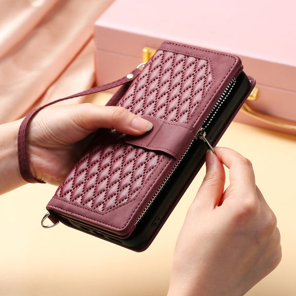 For iPhone 16 Grid Texture Zipper Leather Phone Case with Lanyard(Wine Red)