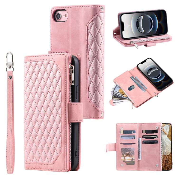 For iPhone 16e Grid Texture Zipper Leather Phone Case with Lanyard(Rose Gold)