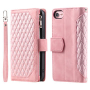 For iPhone 16e Grid Texture Zipper Leather Phone Case with Lanyard(Rose Gold)