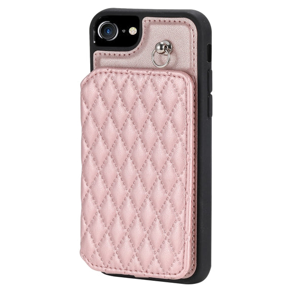 For iPhone SE 2022 / 2020 / 8 / 7 Grid Texture Card Bag Phone Case with Lanyard(Rose Gold)