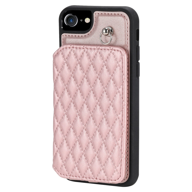 For iPhone SE 2022 / 2020 / 8 / 7 Grid Texture Card Bag Phone Case with Lanyard(Rose Gold)