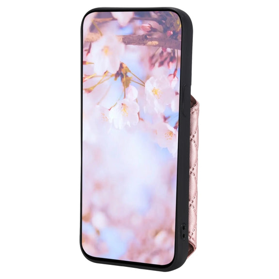 For iPhone SE 2022 / 2020 / 8 / 7 Grid Texture Card Bag Phone Case with Lanyard(Rose Gold)