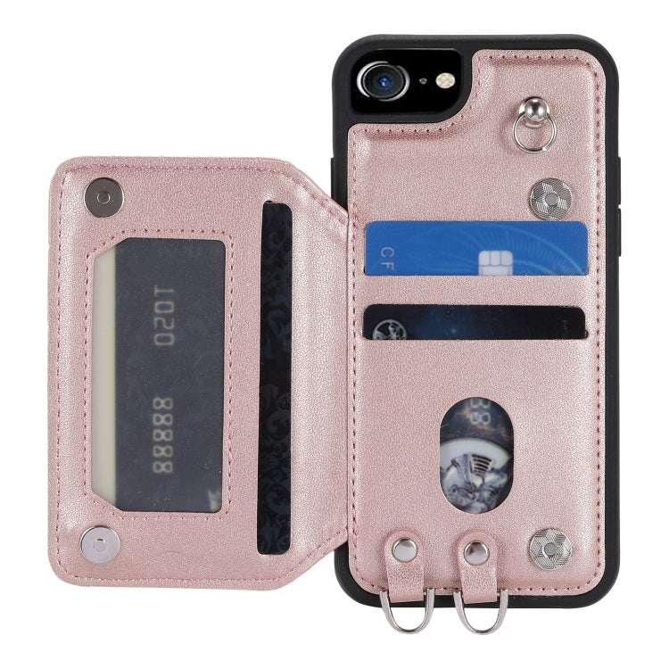 For iPhone SE 2022 / 2020 / 8 / 7 Grid Texture Card Bag Phone Case with Lanyard(Rose Gold)
