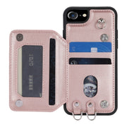 For iPhone SE 2022 / 2020 / 8 / 7 Grid Texture Card Bag Phone Case with Lanyard(Rose Gold)