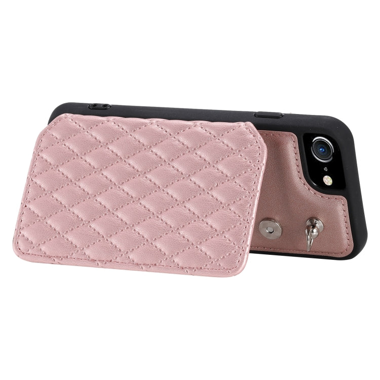 For iPhone SE 2022 / 2020 / 8 / 7 Grid Texture Card Bag Phone Case with Lanyard(Rose Gold)