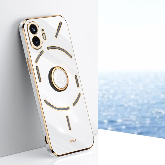 For Nothing Phone 2 XINLI Straight 6D Plating Gold Edge TPU Shockproof Case with Ring Holder(White)