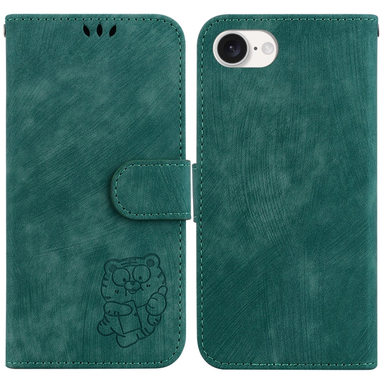 For iPhone 16e Little Tiger Embossed Leather Phone Case(Green)