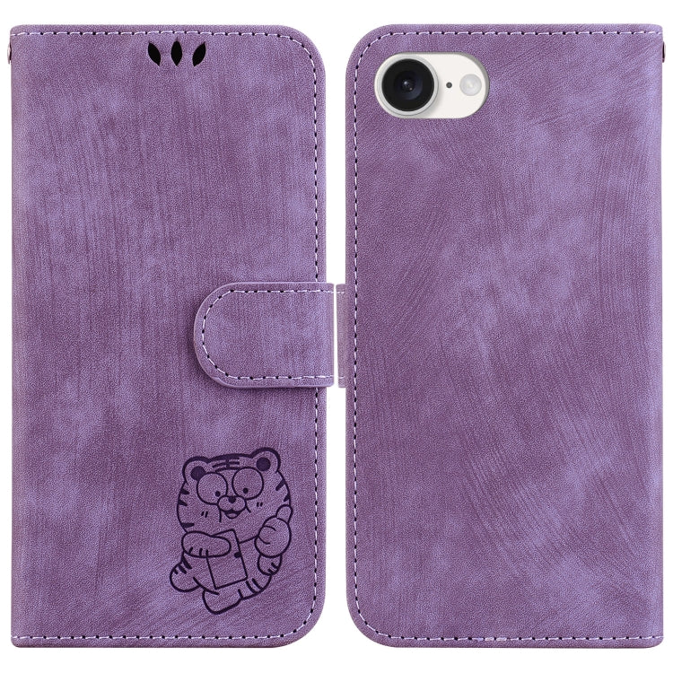For iPhone 16e Little Tiger Embossed Leather Phone Case(Purple)
