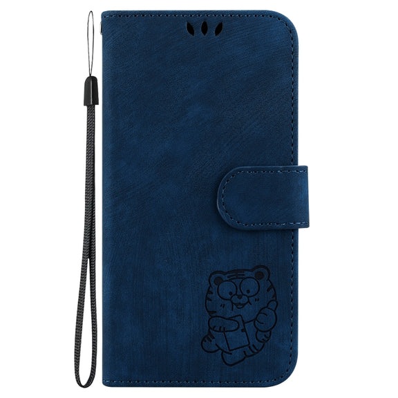 For iPhone 16e Little Tiger Embossed Leather Phone Case(Dark Blue)