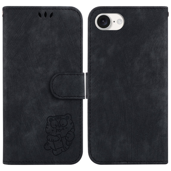 For iPhone 16e Little Tiger Embossed Leather Phone Case(Black)