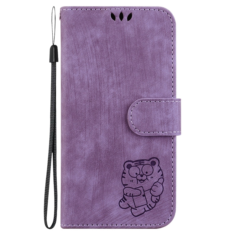 For iPhone 16 Plus Little Tiger Embossed Leather Phone Case(Purple)