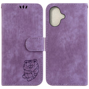 For iPhone 16 Little Tiger Embossed Leather Phone Case(Purple)