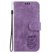 For iPhone 16 Little Tiger Embossed Leather Phone Case(Purple)