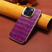For iPhone 16 Pro Max Denior Crocodile Texture Genuine Leather Electroplating Phone Case(Purple)