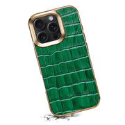 For iPhone 16 Pro Max Denior Crocodile Texture Genuine Leather Electroplating Phone Case(Green)