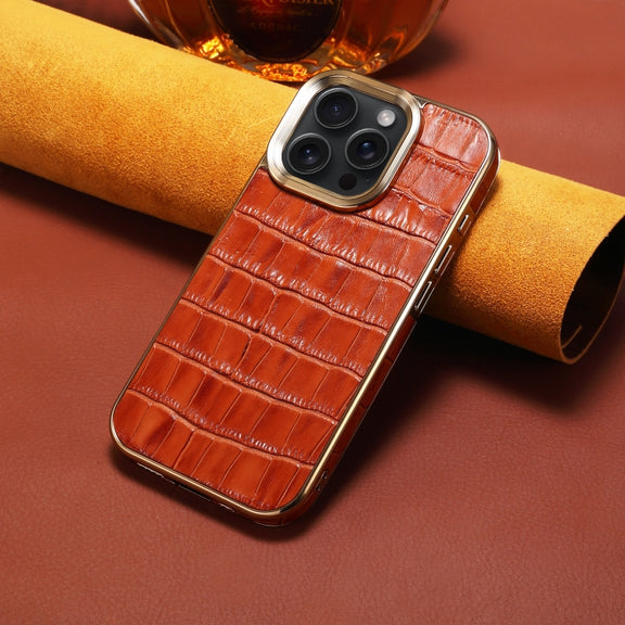 For iPhone 16 Pro Max Denior Crocodile Texture Genuine Leather Electroplating Phone Case(Mocha Brown)