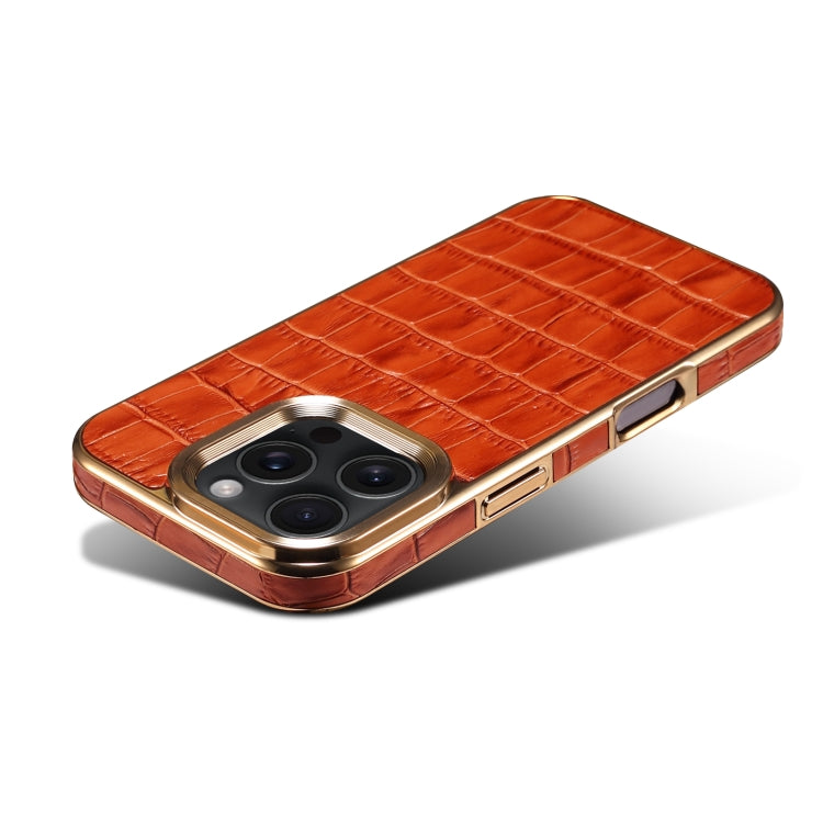 For iPhone 16 Pro Max Denior Crocodile Texture Genuine Leather Electroplating Phone Case(Mocha Brown)