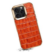 For iPhone 16 Pro Max Denior Crocodile Texture Genuine Leather Electroplating Phone Case(Mocha Brown)
