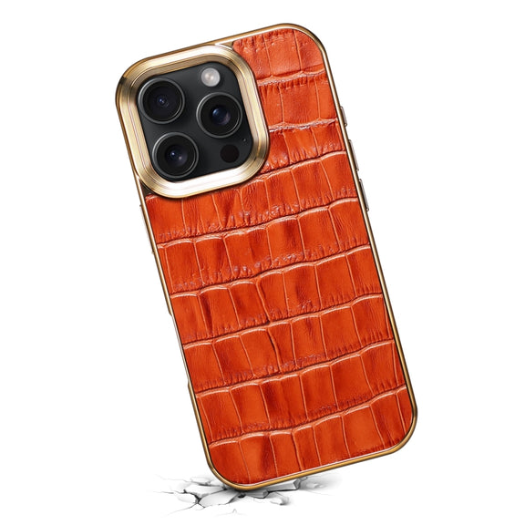 For iPhone 16 Pro Max Denior Crocodile Texture Genuine Leather Electroplating Phone Case(Mocha Brown)