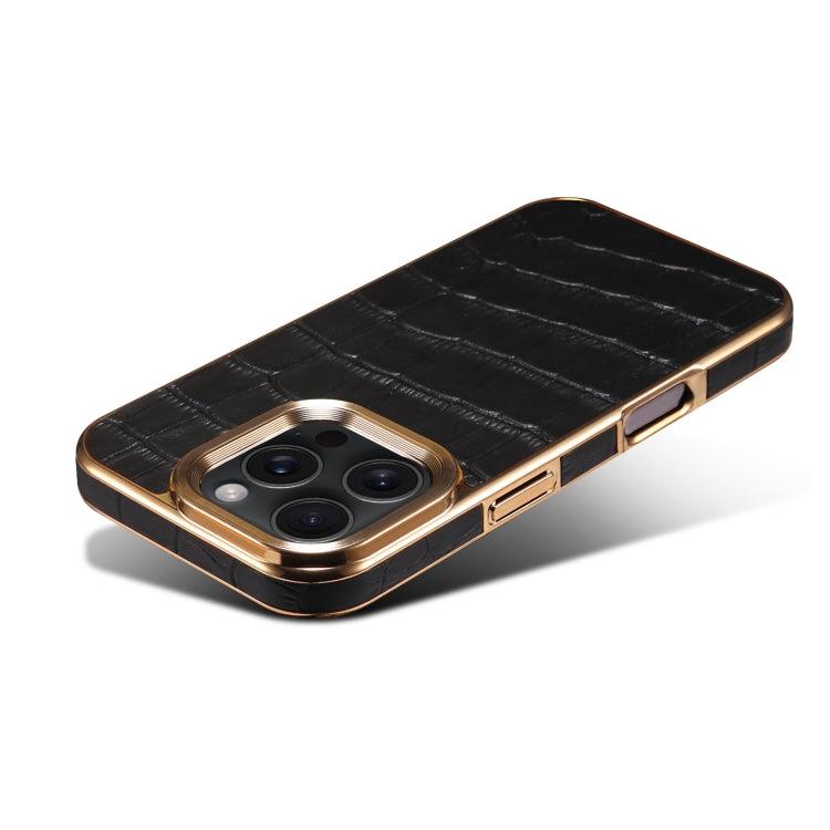 For iPhone 16 Pro Max Denior Crocodile Texture Genuine Leather Electroplating Phone Case(Black)
