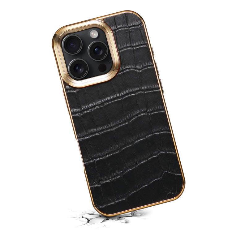 For iPhone 16 Pro Max Denior Crocodile Texture Genuine Leather Electroplating Phone Case(Black)
