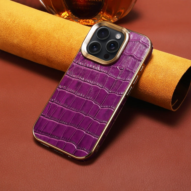 For iPhone 16 Pro Denior Crocodile Texture Genuine Leather Electroplating Phone Case(Purple)