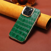 For iPhone 16 Pro Denior Crocodile Texture Genuine Leather Electroplating Phone Case(Green)