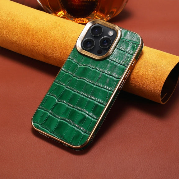 For iPhone 16 Pro Denior Crocodile Texture Genuine Leather Electroplating Phone Case(Green)