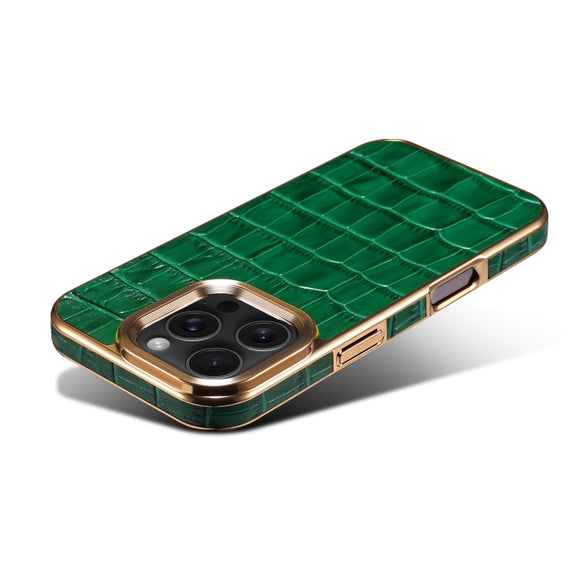 For iPhone 16 Pro Denior Crocodile Texture Genuine Leather Electroplating Phone Case(Green)
