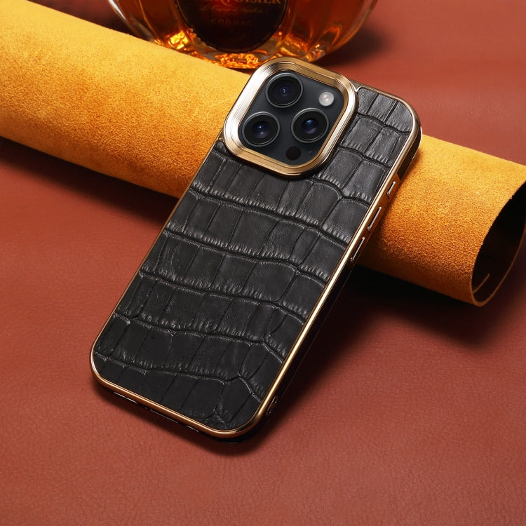 For iPhone 16 Pro Denior Crocodile Texture Genuine Leather Electroplating Phone Case(Black)