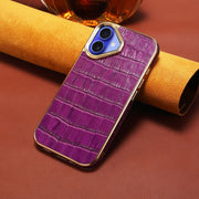 For iPhone 16 Plus Denior Crocodile Texture Genuine Leather Electroplating Phone Case(Purple)
