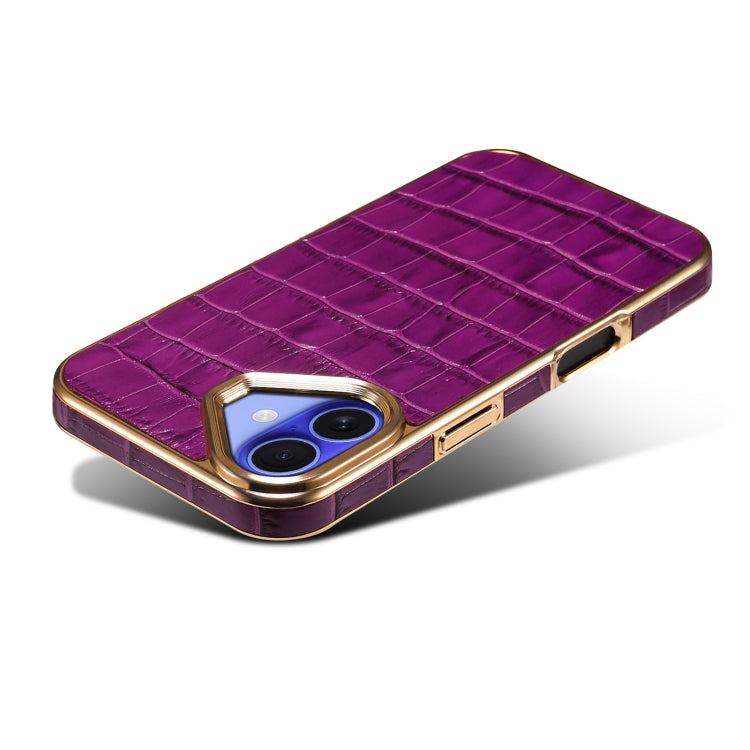 For iPhone 16 Plus Denior Crocodile Texture Genuine Leather Electroplating Phone Case(Purple)