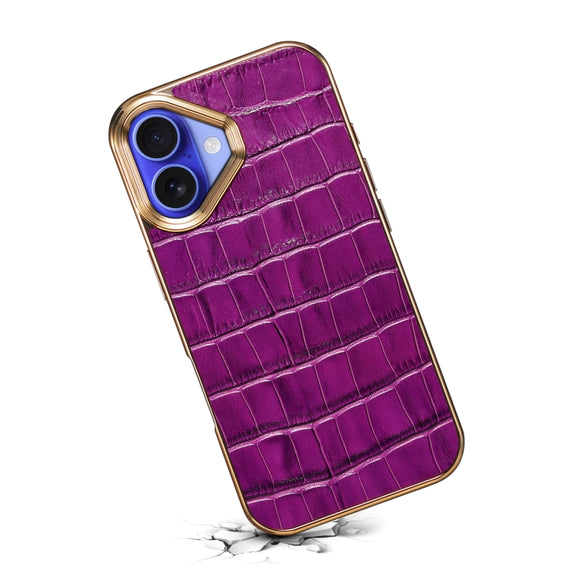For iPhone 16 Plus Denior Crocodile Texture Genuine Leather Electroplating Phone Case(Purple)