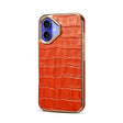 For iPhone 16 Plus Denior Crocodile Texture Genuine Leather Electroplating Phone Case(Mocha Brown) - More iPhone Cases by Denior | Online Shopping South Africa | PMC TechLife | Buy Now Pay Later Mobicred