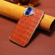 For iPhone 16 Plus Denior Crocodile Texture Genuine Leather Electroplating Phone Case(Mocha Brown)