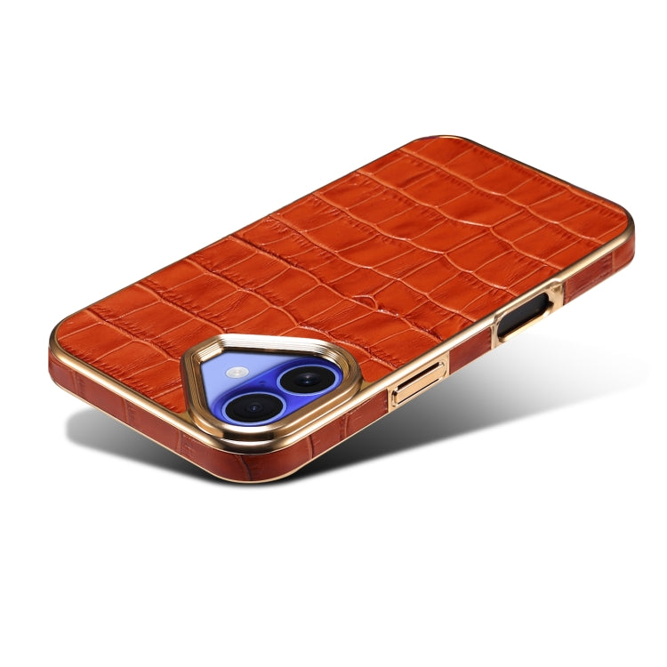 For iPhone 16 Plus Denior Crocodile Texture Genuine Leather Electroplating Phone Case(Mocha Brown)