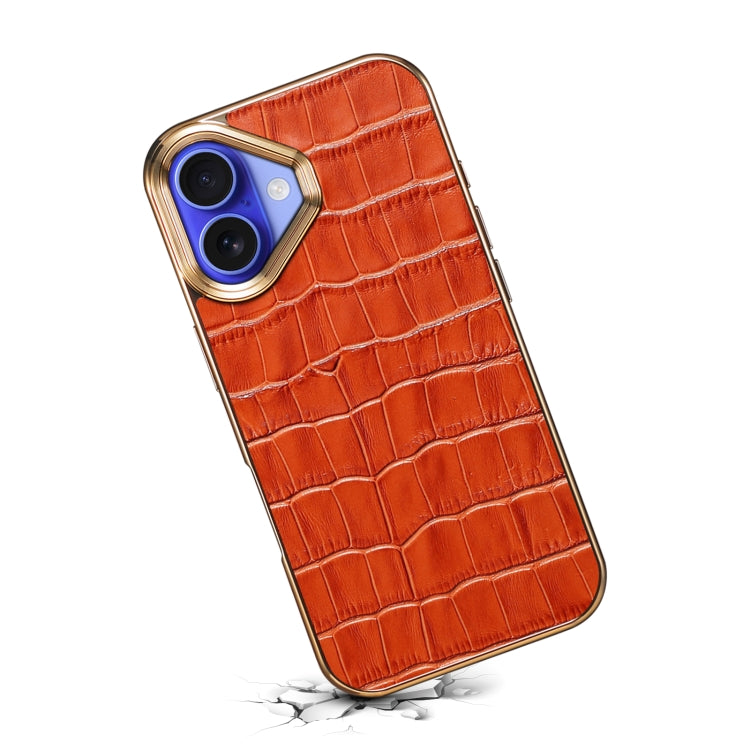 For iPhone 16 Plus Denior Crocodile Texture Genuine Leather Electroplating Phone Case(Mocha Brown)