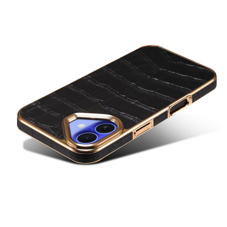 For iPhone 16 Plus Denior Crocodile Texture Genuine Leather Electroplating Phone Case(Black)