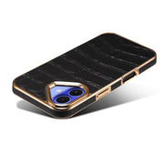 For iPhone 16 Plus Denior Crocodile Texture Genuine Leather Electroplating Phone Case(Black)