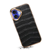 For iPhone 16 Plus Denior Crocodile Texture Genuine Leather Electroplating Phone Case(Black)