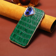 For iPhone 16 Denior Crocodile Texture Genuine Leather Electroplating Phone Case(Green)