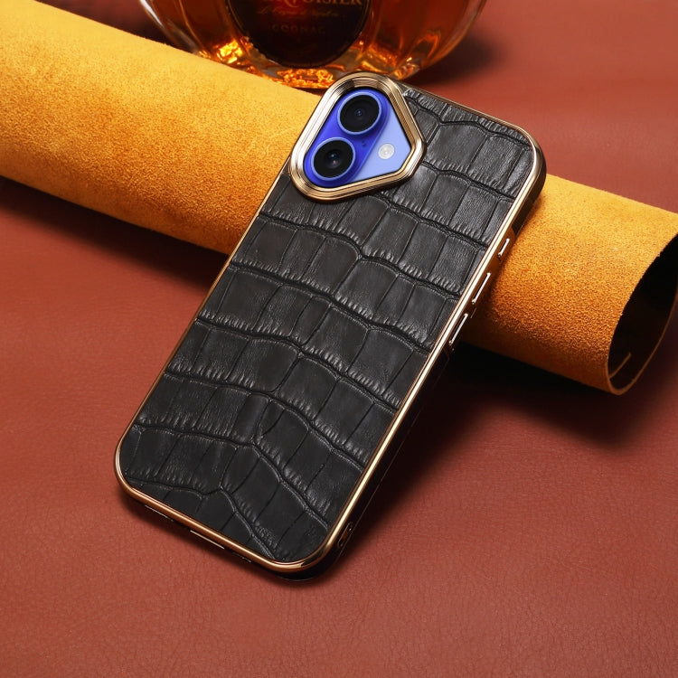 For iPhone 16 Denior Crocodile Texture Genuine Leather Electroplating Phone Case(Black)