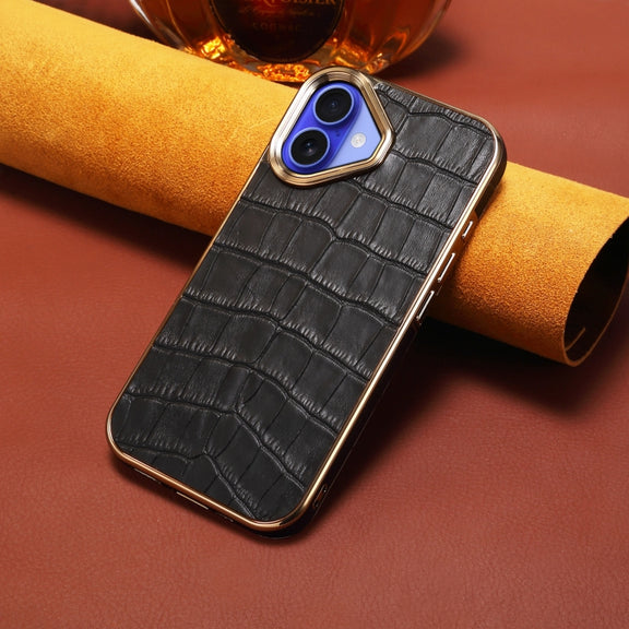 For iPhone 16 Denior Crocodile Texture Genuine Leather Electroplating Phone Case(Black)