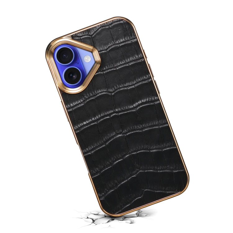 For iPhone 16 Denior Crocodile Texture Genuine Leather Electroplating Phone Case(Black)