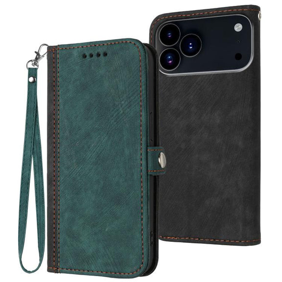 For iPhone 17 Pro Max Side Buckle Double Fold Hand Strap Leather Phone Case(Dark Green)