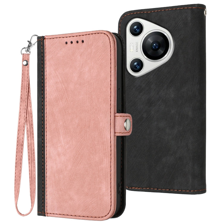 For Huawei Pura 70 Side Buckle Double Fold Hand Strap Leather Phone Case(Pink)