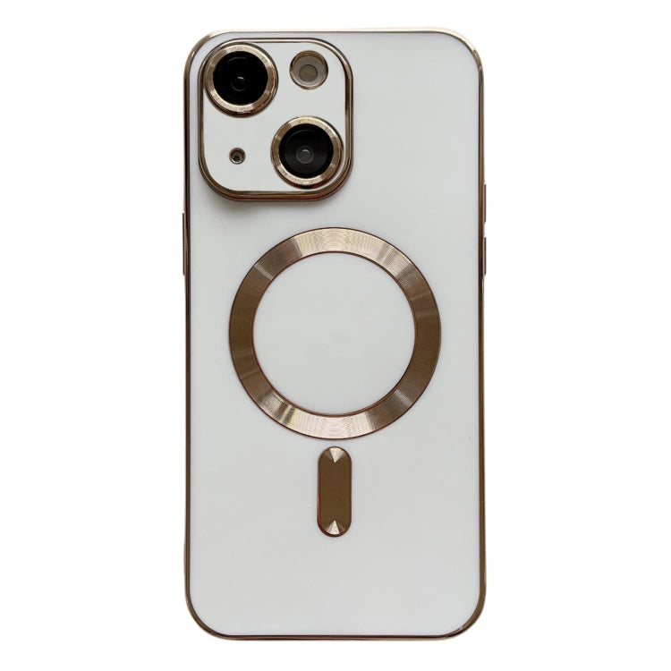 For iPhone 14 Plus Magsafe Plating TPU Phone Case with Lens Film(White)
