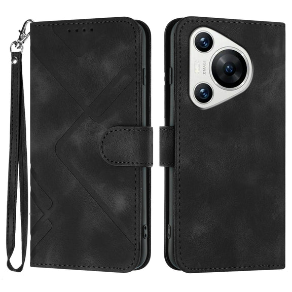 For Huawei Pura 70 Line Pattern Skin Feel Leather Phone Case(Black)