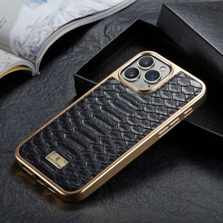 For iPhone 16 Pro Max Fierre Shann Python Texture Electroplating PU Phone Case(Black)