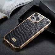 For iPhone 16 Pro Max Fierre Shann Python Texture Electroplating PU Phone Case(Black)